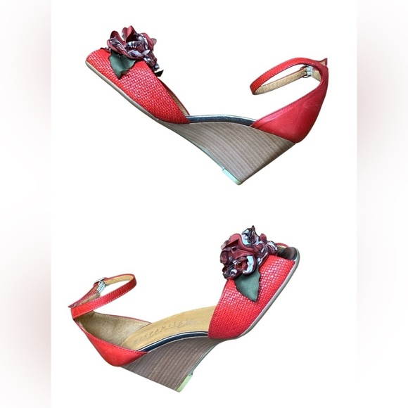 Hispanitas Made in Spain Red Wedge Shoe w Floral Accent and Ankle Strap - Picture 1 of 5